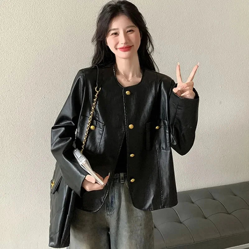 Small Fragrance Leather Jacket Women's Spring Autumn 2026New PU Leather Coat Lady Short High Sense Outerwear Popular Female Tops