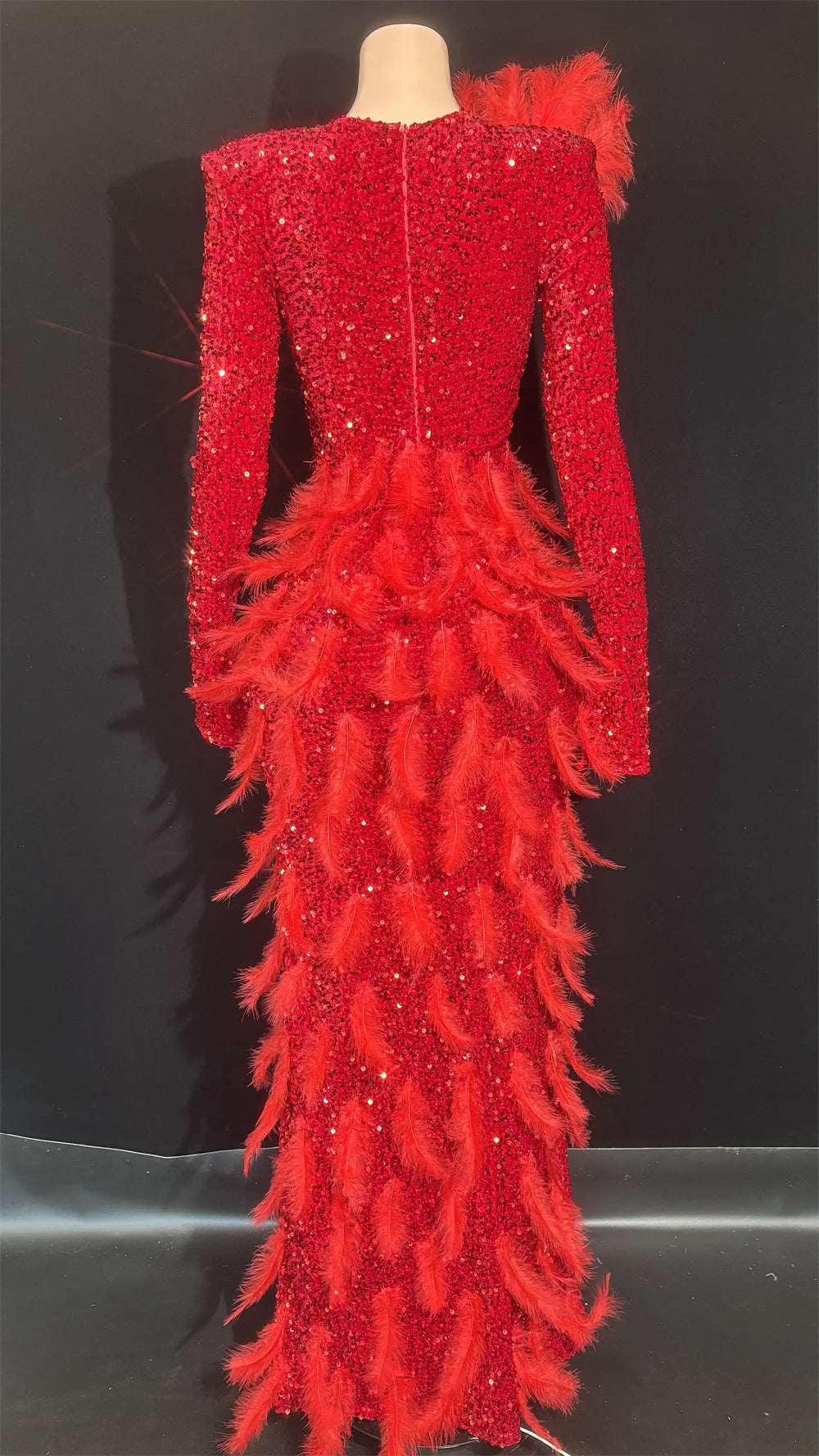 Sparkly Diamonds Feather Red High Slit Wedding Party Gown Luxury Evening Celebrate Performance Singer Costume Festival Dresses