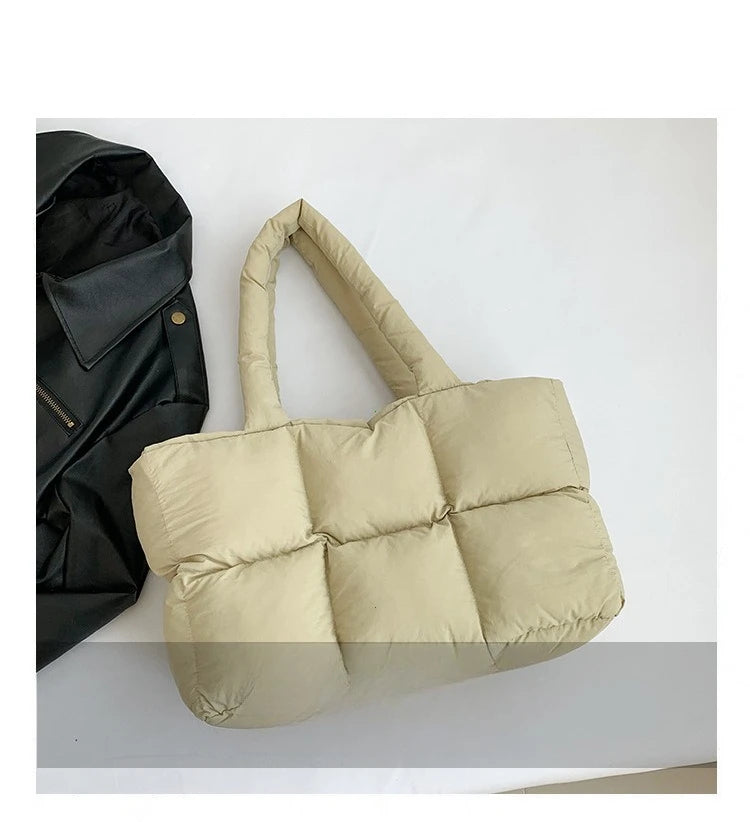 Women Tote Handbags Quilted Plaid Bag Retro Trendy Checkered Waterproof Shoulder Bag Solid Color Winter Soft Large Capacity Bags