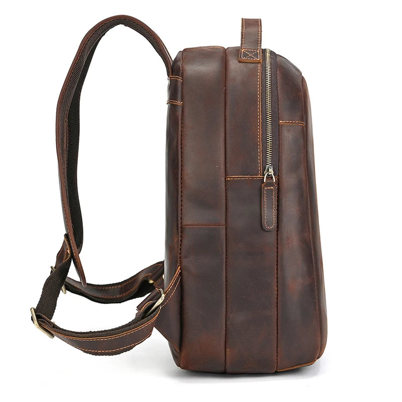 Luufan Men's Retro Crazy Horse Leather Backpack Brown Genuine Leather Rucksack Brown 14 Inch Laptop School Bag