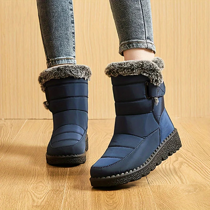 Women Winter Mid Calf Snow Boots Thick Plush Lined Warm Booties Magic Strap Waterproof Non Slip Flat Sole Thermal Shoes for Daily Walking Cold Weather Black Navy Wine Red Multi Colors Ladies Casual Winter Footwear