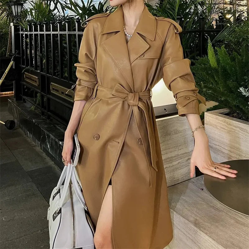 Womens Autumn Classic Double Breasted Long Trench Jacket with Belt Female PU Leather Jacket Lapels Windbreaker Winter Coat for W
