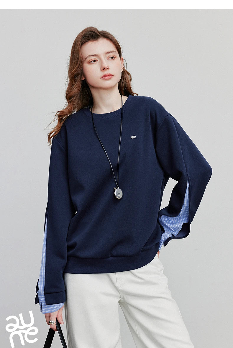 TOYOUTH Women Hoodies Sweatshirt 2025 Autumn New Patchwork Design Round Neck Long Sleeve Pullover Casual Tops