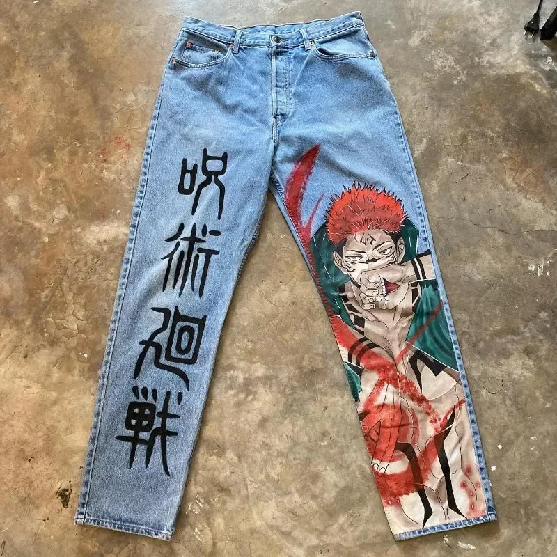 New Y2K Japanese Anime Cartoon Printing Men Loose Trend Jeans Street High Waist Women Pants Hip Hop Harajuku Men's Clothing
