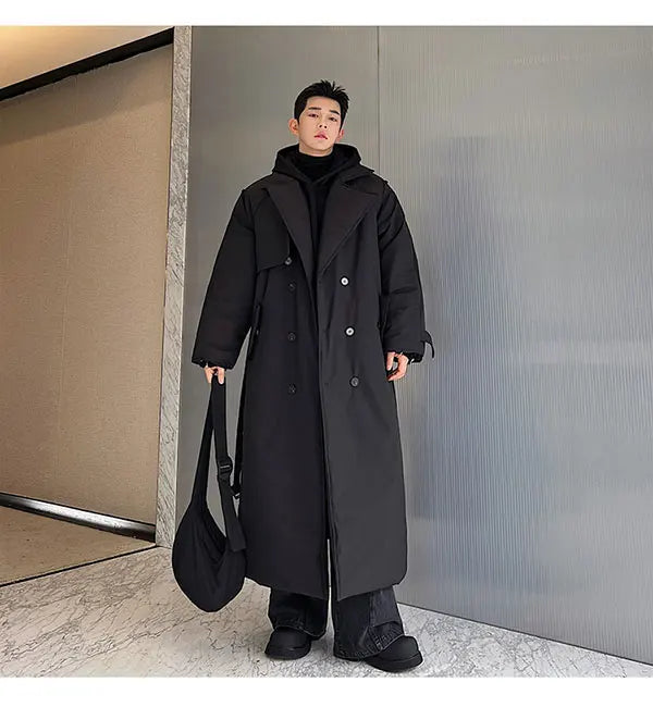 Winter Thickened Long Down Jacket Man's Belt Design Korean Warm Over The Knee Fashionable Long Sleeve Solid Color Cotton Coats