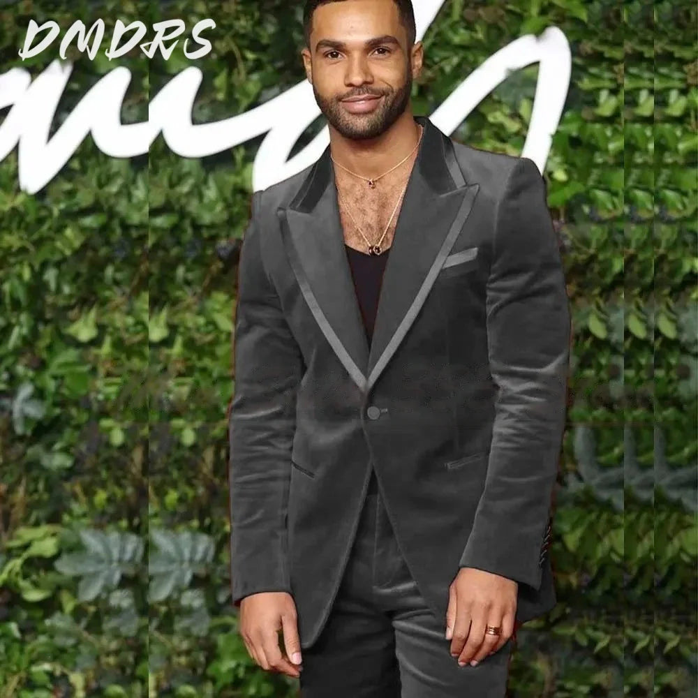 Elegant V-neck Velvet Single button Men Suits High Quality Fashion 2 PCS Jacket Pants Classic Groom 2026 Wedding Slim Fit Outfit