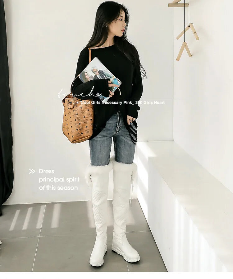 Women's Winter High Snow Boots Warm Fur Plush Black White Over the Knee High Boot Ladies Casual Wedge Heels Rain Shoe Waterproof