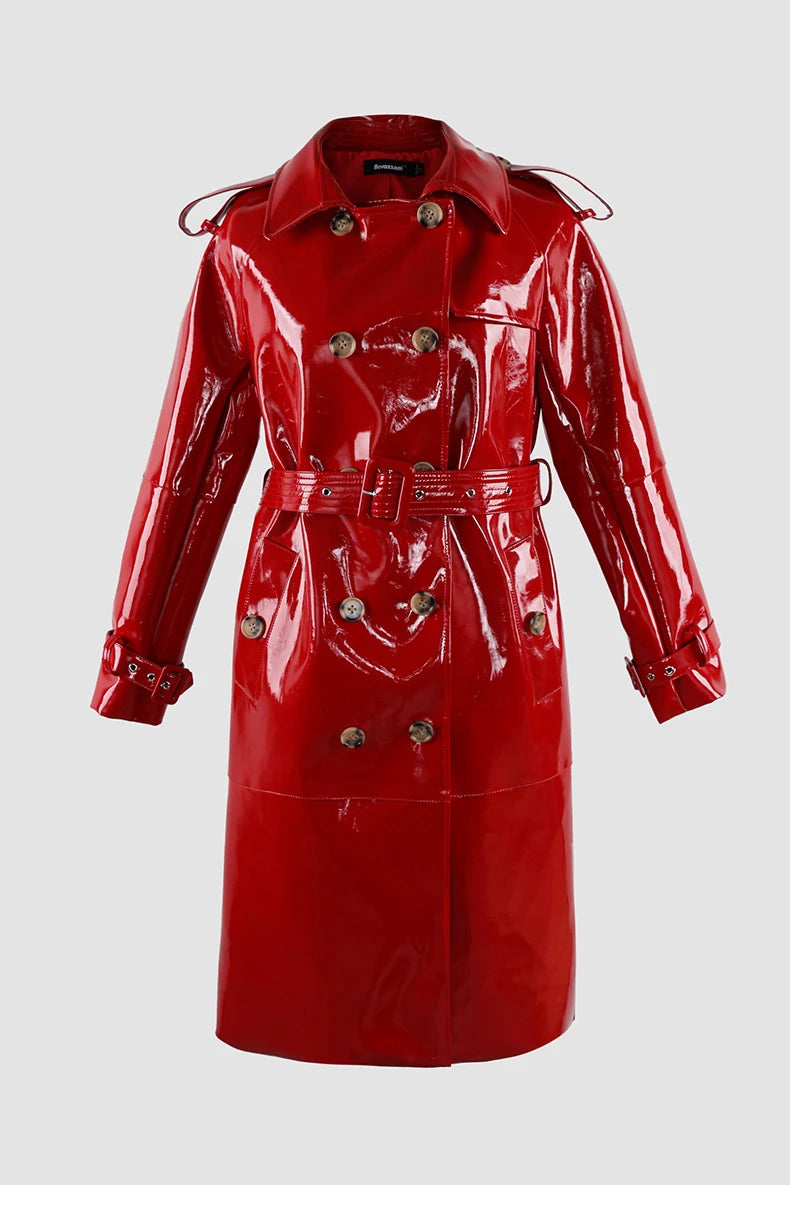 Nerazzurri Autumn Long Shiny Black Red Patent Pu Leather Trench Coat for Women Belt Double Breasted Luxury Designer Clothes 2023