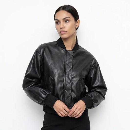  Women's Faux Leather Bomber Jacket Black Stand Collar Cropped Loose Vintage Outerwear 2026 Autumn Lady Street Chic Casual Coat