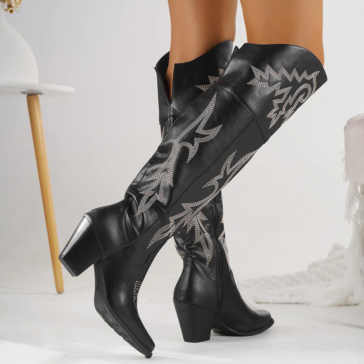 Knee High Boots Womens Shoes 2026 New Western Cowboy Knight Boots Over Knee Side Zipper Long Tube Boots Women Shoes High Heels