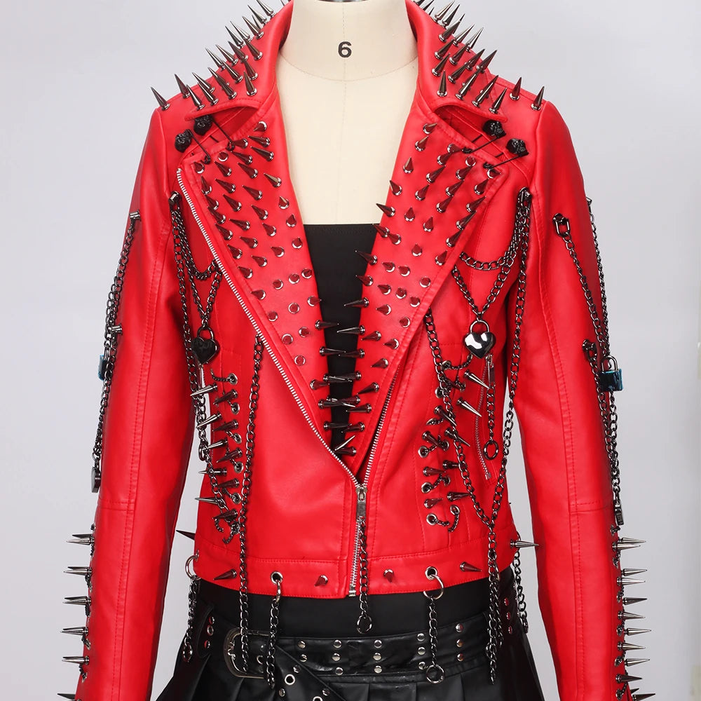 Women's Red PU Leather Gothic Punk Biker Jacket with Spikes Vintage Studded Y2K Rocker Grunge Spiked Coat Emo Alt Goth Clothing