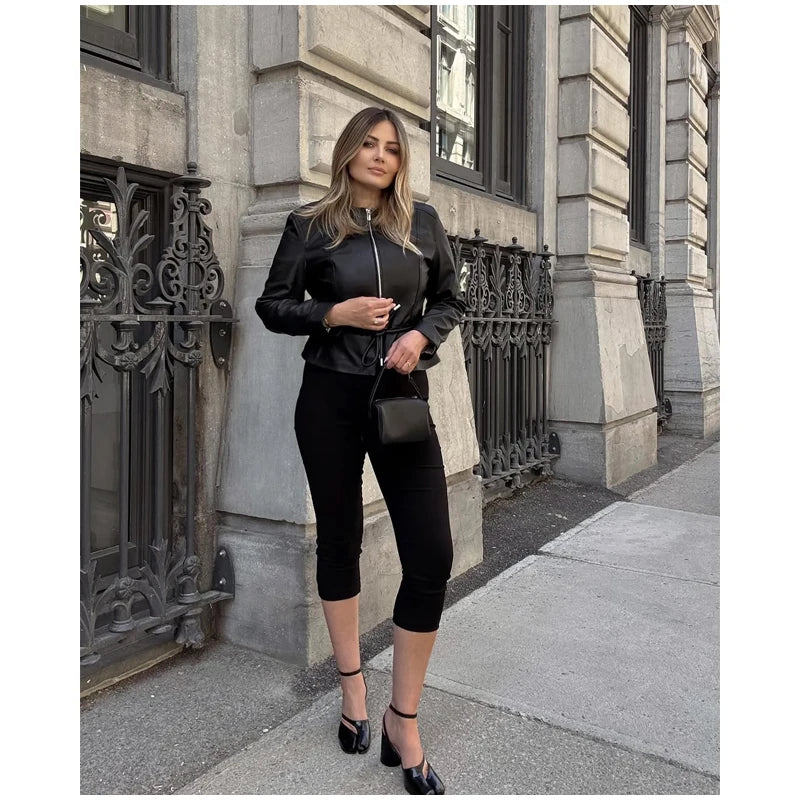 Women's Faux Leather Jacket Black Zip Front Drawstring Peplum Hem Slim Elegant Outerwear Fashion Daily Street Casual Short Coat