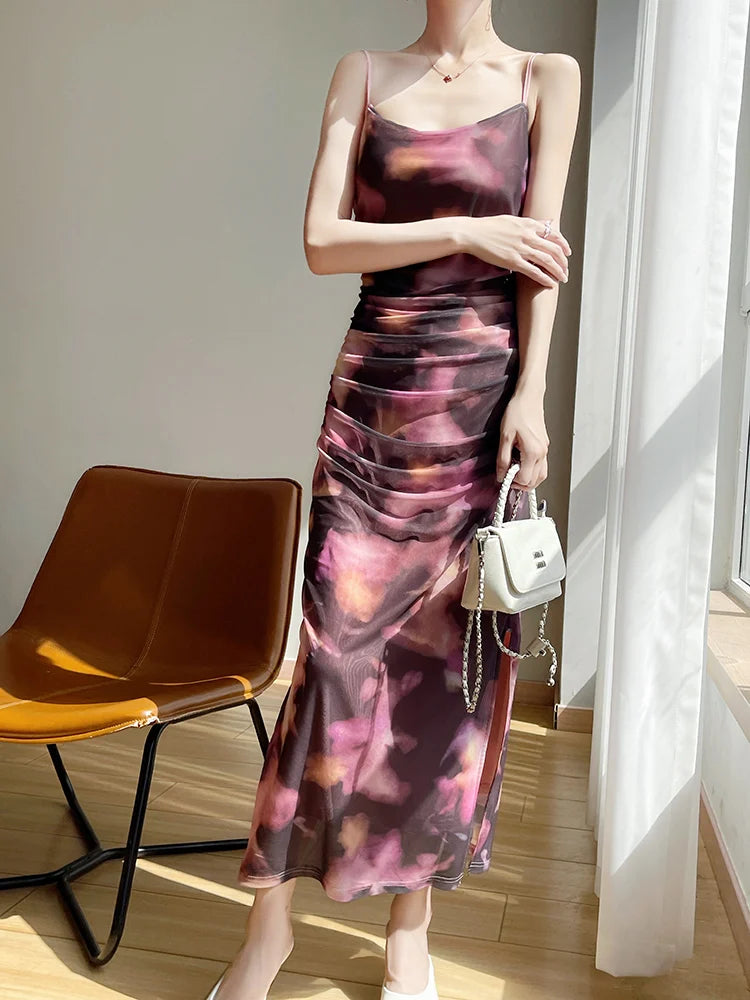 Ele Printed Me Split Dr Women's Summer Vintage A-Line Midi Dr Body-a Light Mature Sle TING