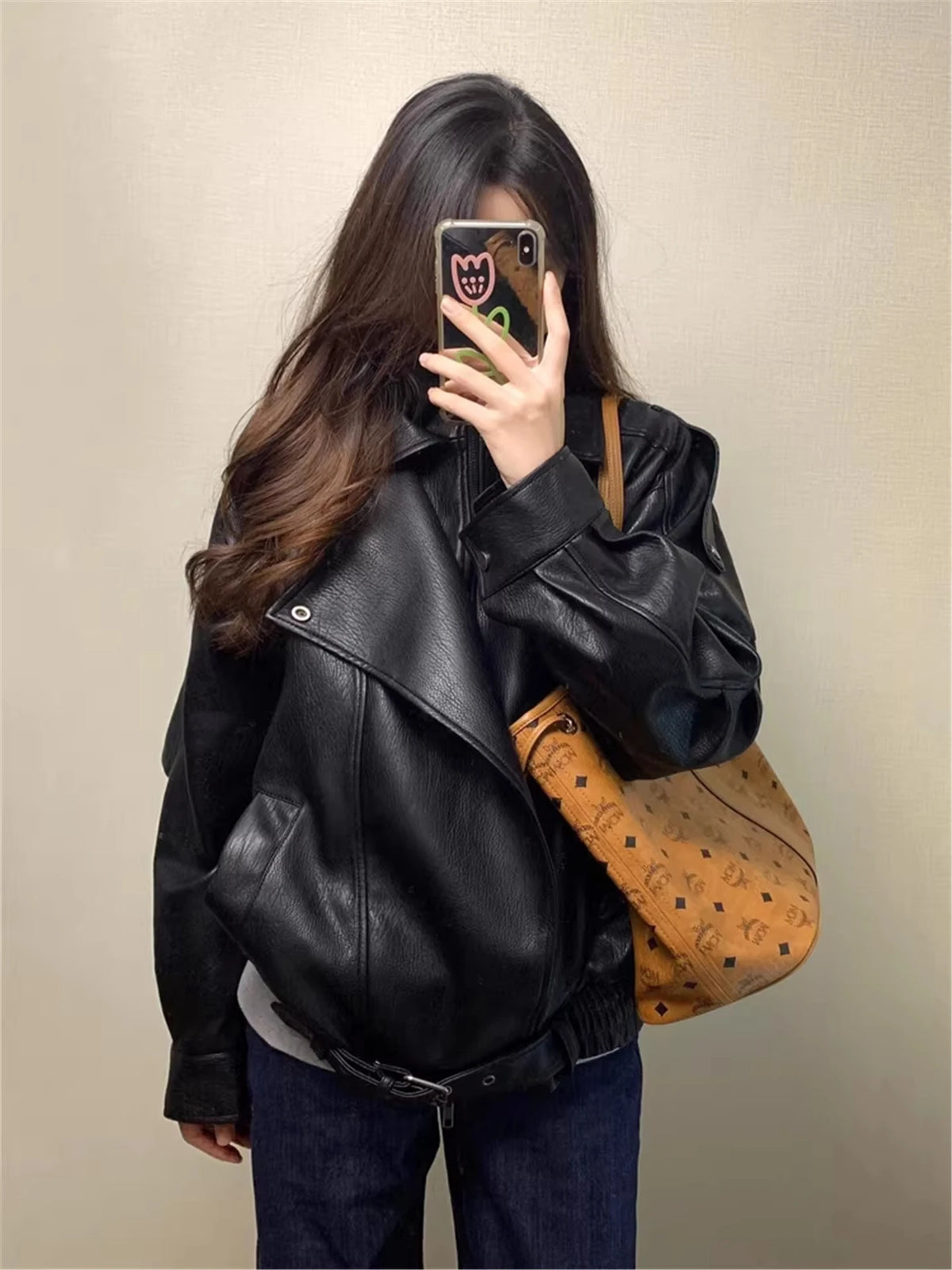 Black Leather Jacket Women's Loose Motorcycle Style Coat Flip Collar Short Size Small Autumn Winter New Arrival Fashion Trend