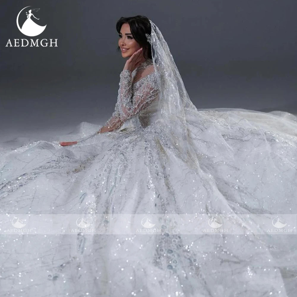 Aedmgh Ball Gown Luxury Wedding Dresses High Neck Long Sleeve Vestido De Novia Lace Sequined Princess Custom Made Bridal Gowns