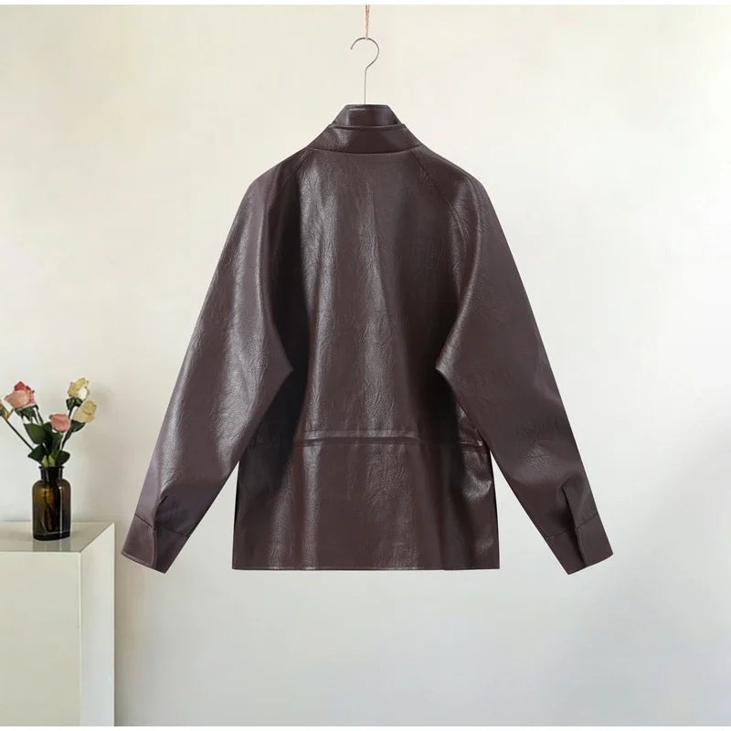 Fashion Solid Faux Leather Women's Jacket  Lapel Waist Cinching Loose Long Sleeves Coat Chic 2026 Spring Autumn New Street Wear