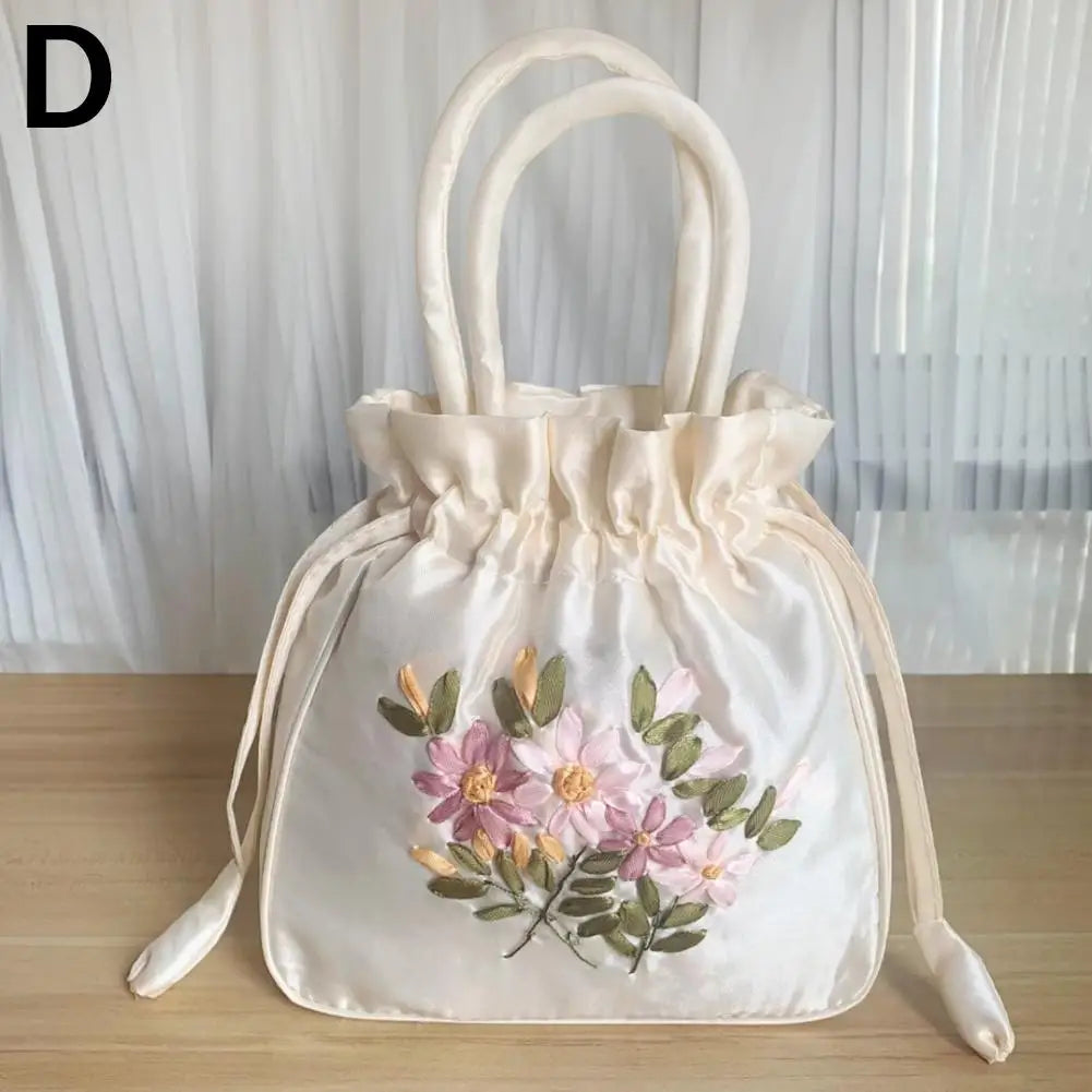 Women Bucket Bag Top Handle Ladies Handbag Phone Bag Summer Small Purse National Style Embroidered Flower Pattern Drawstring Bag