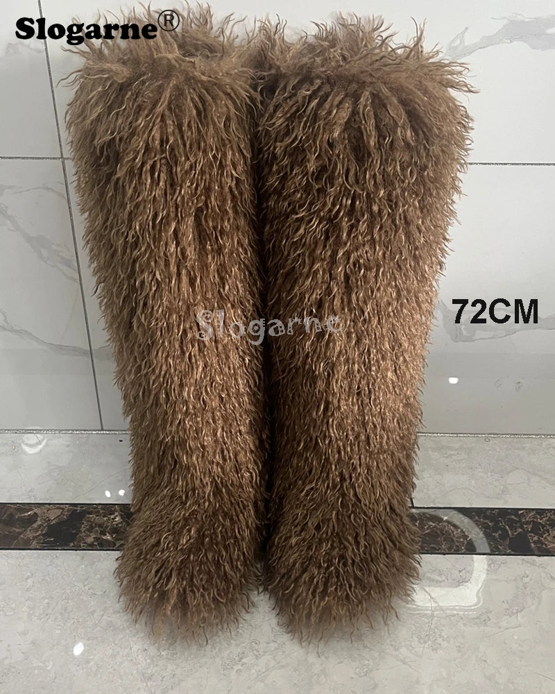 New Over The Knee Fur Boots Women Warm 72CM Long Faux Mongolian Fur Snow Boots Winter Luxury Fluffy Shoes Plush Platform Shoes