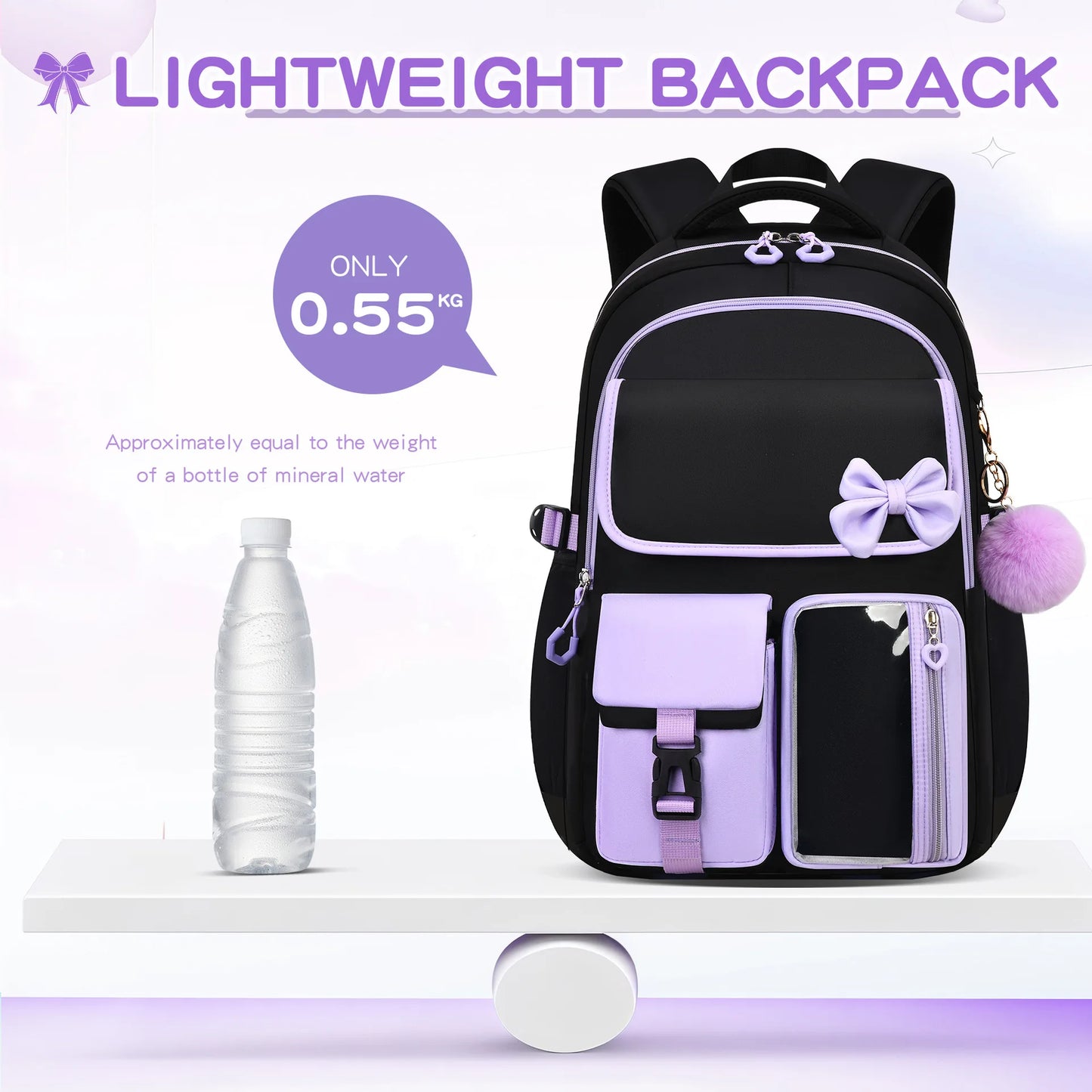 Three-piece Purple School Bag Set Casual with Pen Bag Students Schoolbag Durable with Lunch Bag Large Capacity bow Backpack book