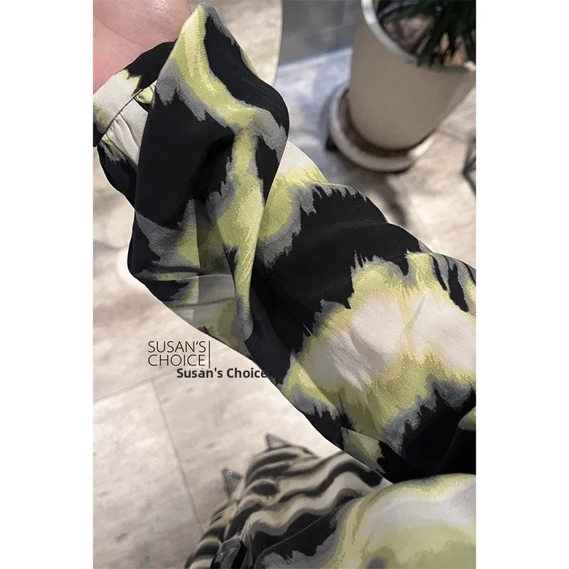 Faionable adient Print Silk Blend Dr with Dstring V-Ne ort Sweet Sle Long Sve round Ne Gown for Women