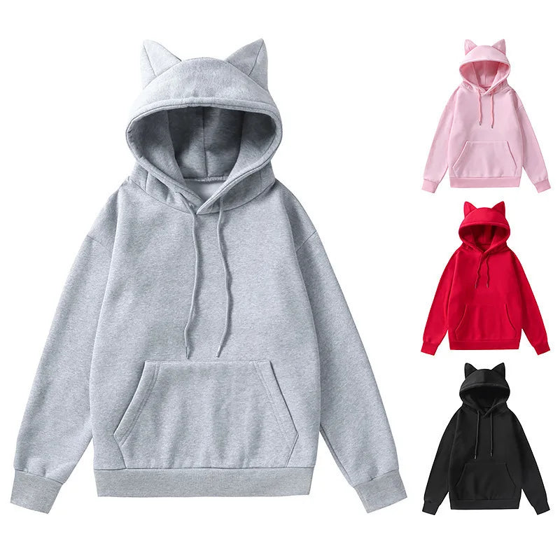 Women's Cat Ear Design Hooded Fleece Sweatshirt Casual Fashion Spring Autumn New Style V-neck Female Clothing  Hoodies Women