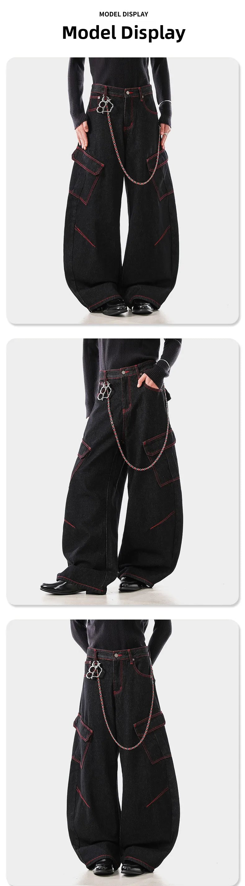 American Retro Washed Denim Jeans Multi Pocket Loose Slimming Long Trousers Straight Cut Mid Waist Zipper Fly Casual Jeans