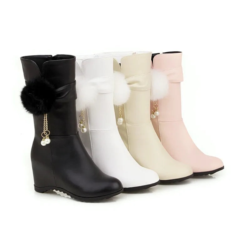 Women Snow Boots Autumn Winter Keep Warm Fur Wedges Increasing Faux Suede Round Toe White Princess Boots New 2026