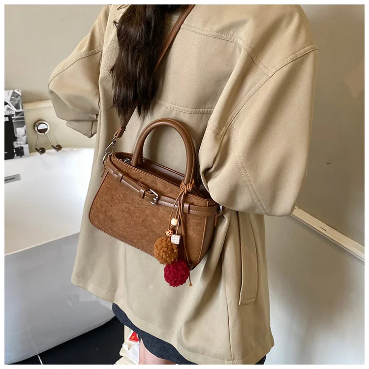 Retro Faux Suede Women's Handbag Fashionable Small Square Bag 2025 Winter Simple Short Handle Single Shoulder Crossbody Bag