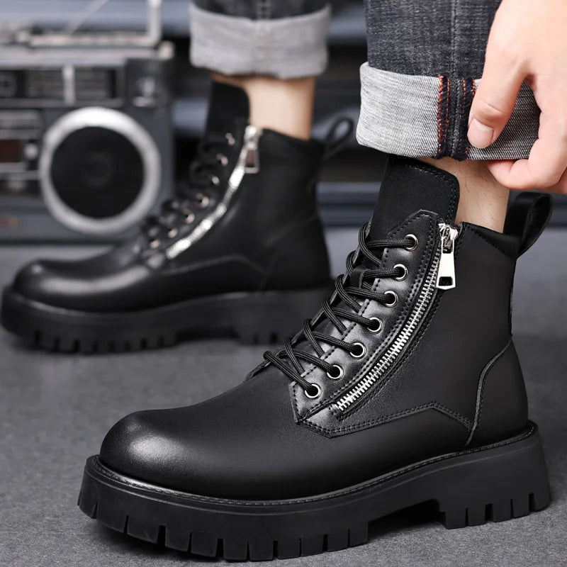 Motorcycle Boots Men's High Top Boots High Quality Mens Leather Shoes Fashion Outdoor Sneakers Men Lace Up Non-Slip Ankle Boots