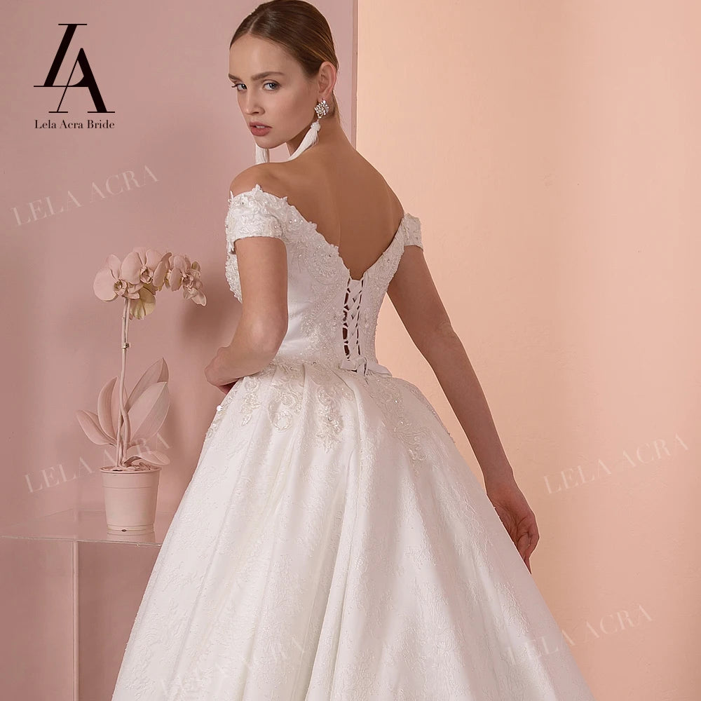 LelaAcra Luxury Sleeveless Wedding Dress Off Shoulder Beaded Appliques A-Line Princess Bride Gown SY04 Custom Vestido de Noiva