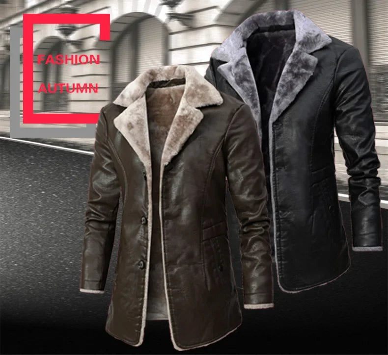 Men's Medium and Long PU Leather Jacket, Business Velvet Lapel Blazer, Single-Breasted Vintage Design Jacket