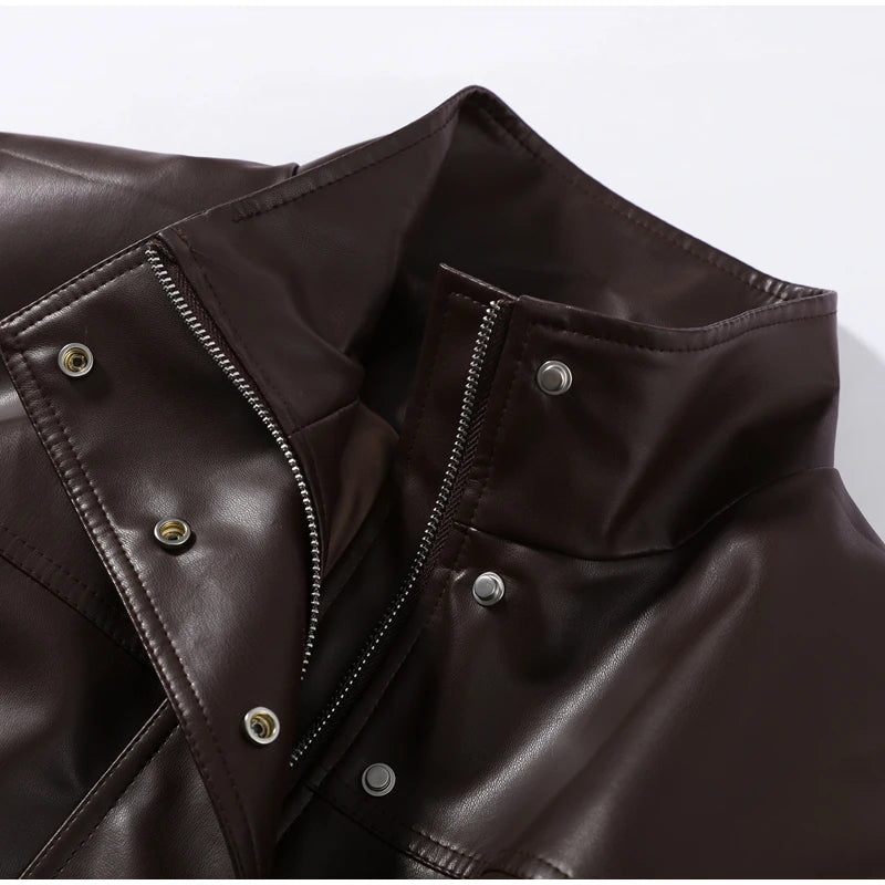 Belted Waist Stand Collar Women PU Jacket Drop Shoulder Long Sleeve Cuff Button Short Cropped Loose Faux Leather Jacket Commute