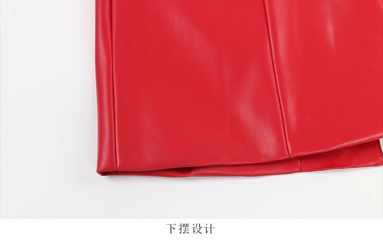 Nerazzurri Spring Autumn Long Red Soft Pu Leather Trench Coat for Women Pockets Sashes Luxury Elegant Chic Stylish Overcoat 2023
