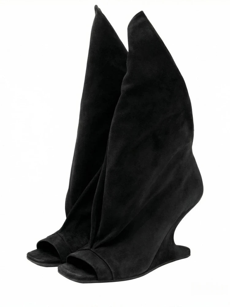 Runway Style Women Peep Toe Tall Boots Sculptural Wedge Heel Draped Pleated Upper Trendy Evening Statement Fashion Footwear