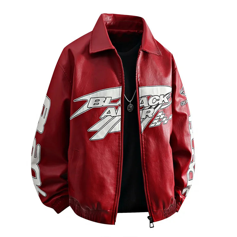 Fashion Leather Jacket Men Motorcycle Biker Jacket Man Original Patchwork Coat Baggy Letter Embroidery Designer Clothes Red