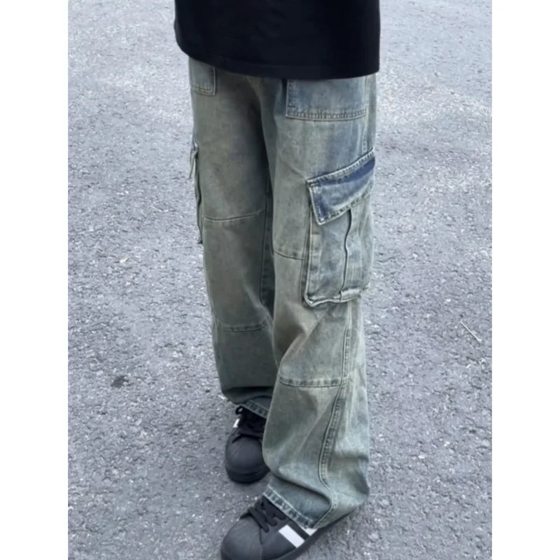 Retro American Washed Multi-Pocket Workwear Flared Jeans Men's Straight Loose Wide Leg Long Pants Cotton Polyester Blend