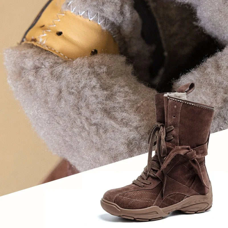 2025 Winter Genuine Leather Shoes Women Suede Boots Thick Sole 4.5cm Non-slip Warm Plush Fashion Brand Ladies Snow Boots D717