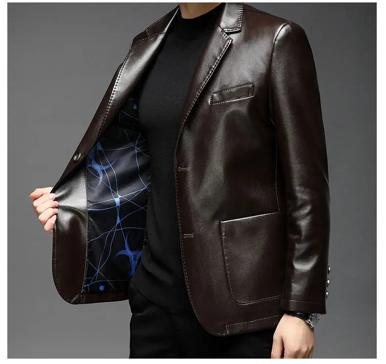 Autumn Winter Male Korean Fashion Casual PU Leather Jacket Hombre Thick Warm Add Velvet Buttos Coat Men All-match Outwear Top