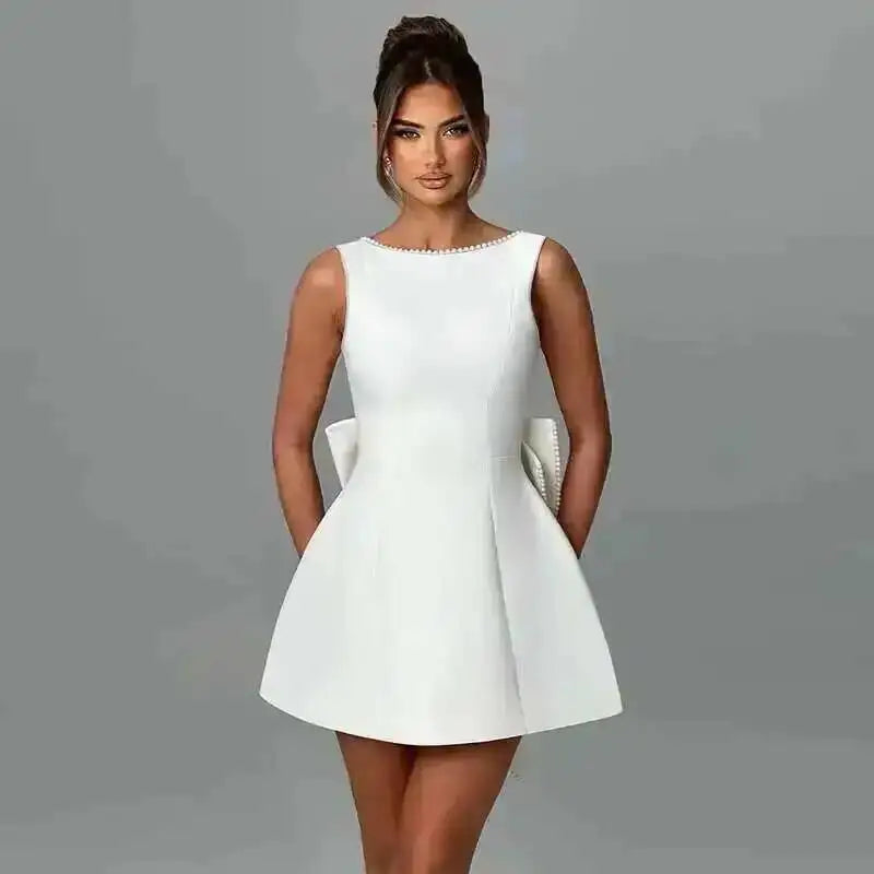 Townlike Bow Pearl Backless Sexy Party Dress Women Mini 2024 Summer Dress Elegant Waist Wrap A-line Dresses Vestidos