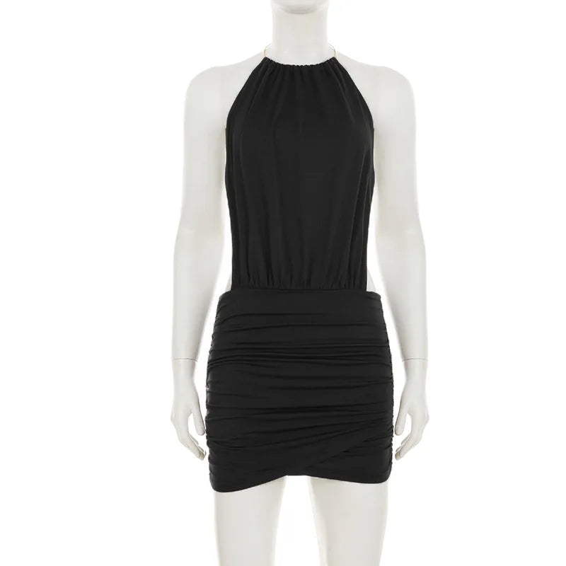 Metal Ring Halter Ruched Bodycon Mini Dress Women 2025 Summer Sleeveless Lace Up Backless Hipster Slim Party Clubwear Vestidos
