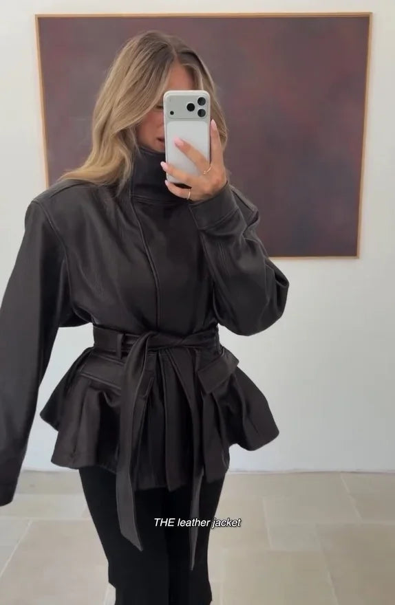 Women's Black Belted Faux Leather Jacket High Neck Long Sleeve Waist Belt Autumn Winter Peplum Jackets 2026 Street Outerwear