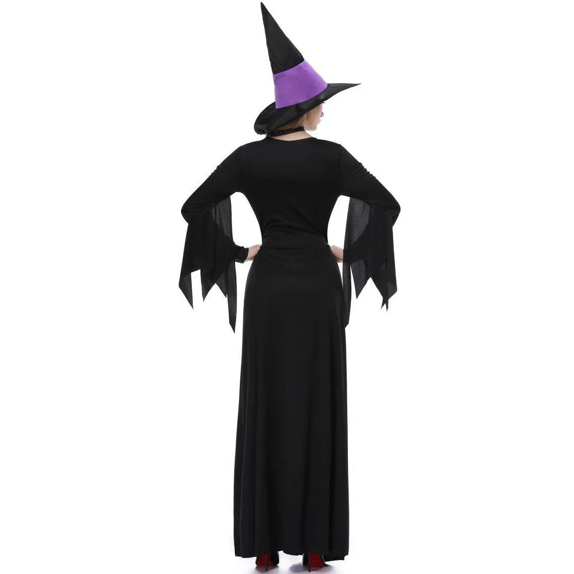 Womens Halloween Witch Costume Purple Black Long Dress Gothic Sorceress Gown Bell Sleeve Lace Up Cosplay Parties  Fancy Outfits
