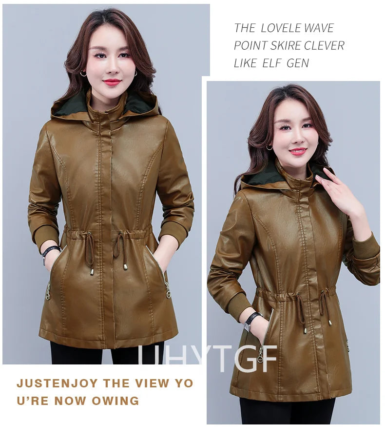 UHYTGF Fleece Winter Leather Female Quality Pu Leather Windbreaker Women Temperament Slim Warm 3XL Big Size Coat Deri Ceket 425