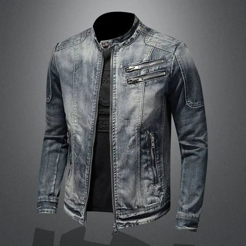 Men's Retro Denim Jacket Casual Oversized Stand Up Collar Zippered Jacket Cycling Motorcycle Coat Trend Loose Fit Top