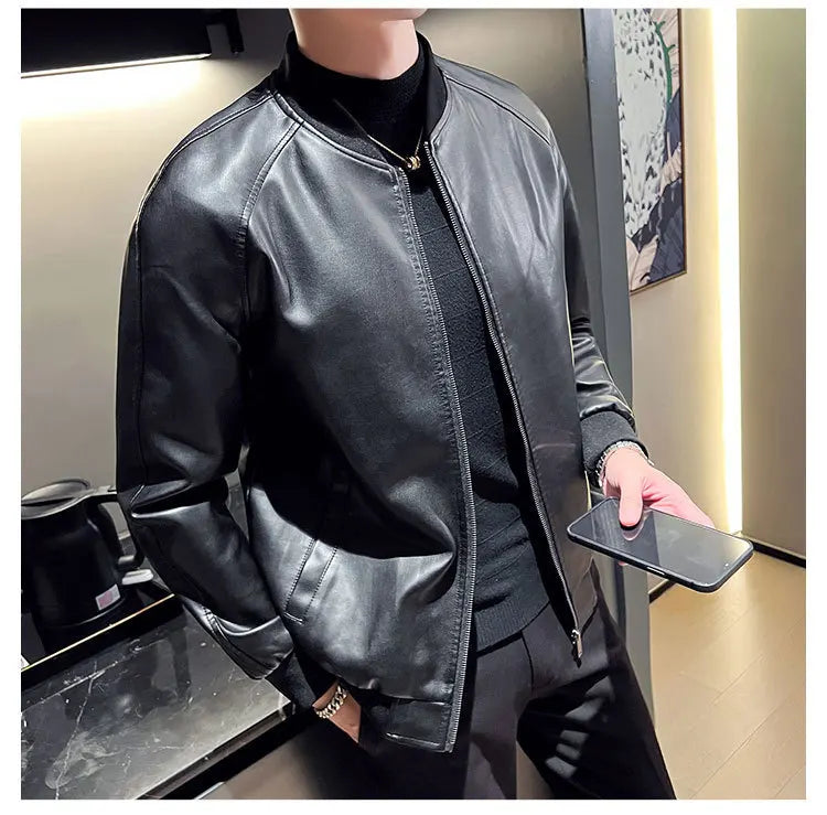 New Men's Faux Leather Jacket Motorcycle Biker Coat Stand Collar Zipper Slim Fit Casual Streetwear Outerwear