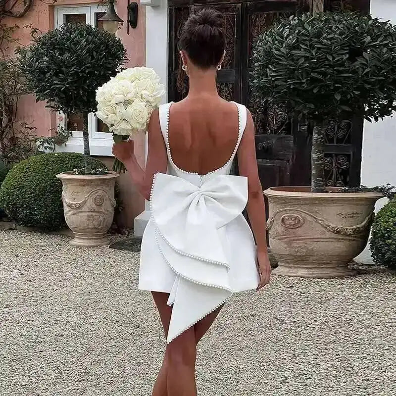 Townlike Bow Pearl Backless Sexy Party Dress Women Mini 2024 Summer Dress Elegant Waist Wrap A-line Dresses Vestidos