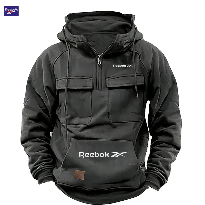 Reebok New Autumn-Winter Men's Hooded Sweatshirt, Solid Color Casual Fashion Design, Multi-Pocket Patchwork Hoodie, Men's Sweats