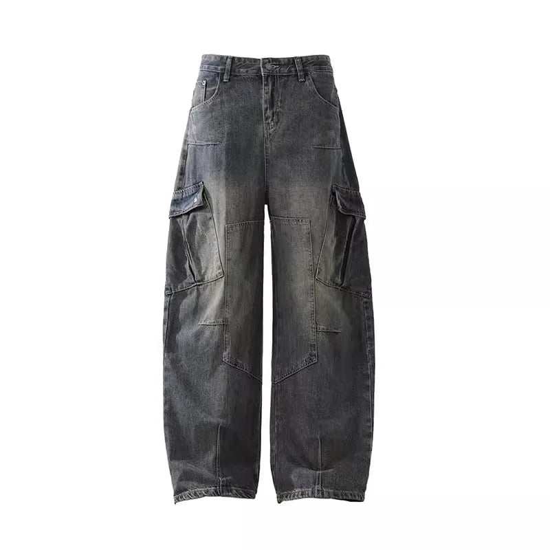 Retro Multi Pocket Curved Knife Jeans Autumn And Winter Vintage Wide Leg Workwear Pants Korean Version High Street Men'S Jeans