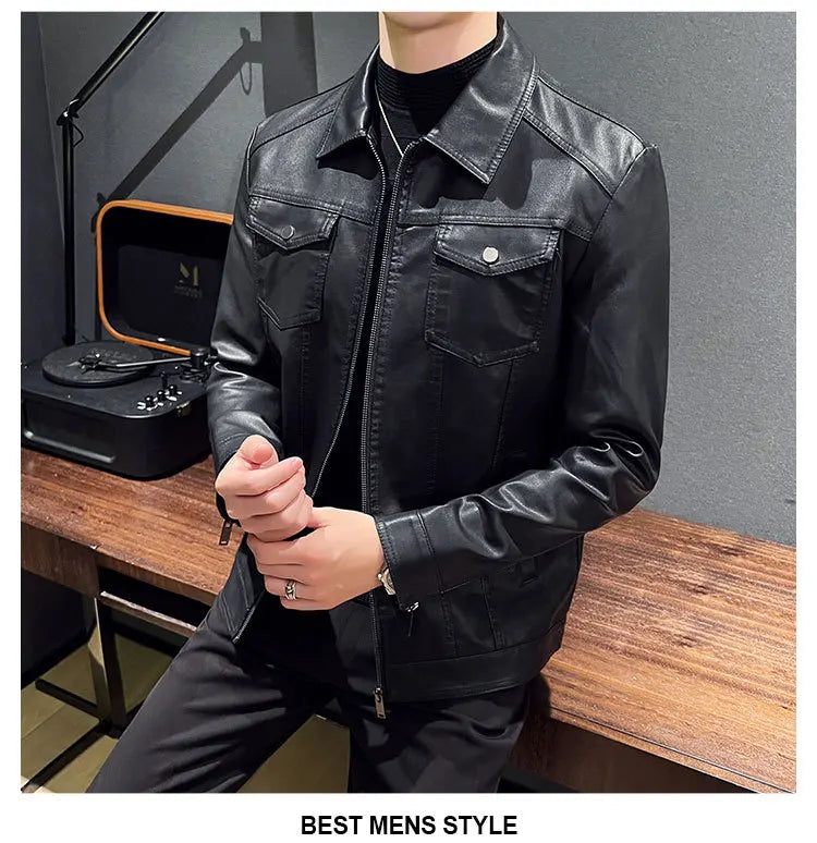 Autumn and Winter Classic Men's Leather Jacket Lapel Fashion Trend Locomotive Clothes Fleece Thermal Jacket Men