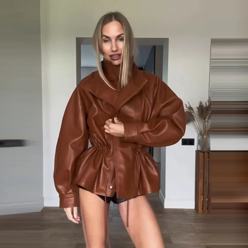 Fashion Solid Faux Leather Women's Jacket  Lapel Waist Cinching Loose Long Sleeves Coat Chic 2026 Spring Autumn New Street Wear